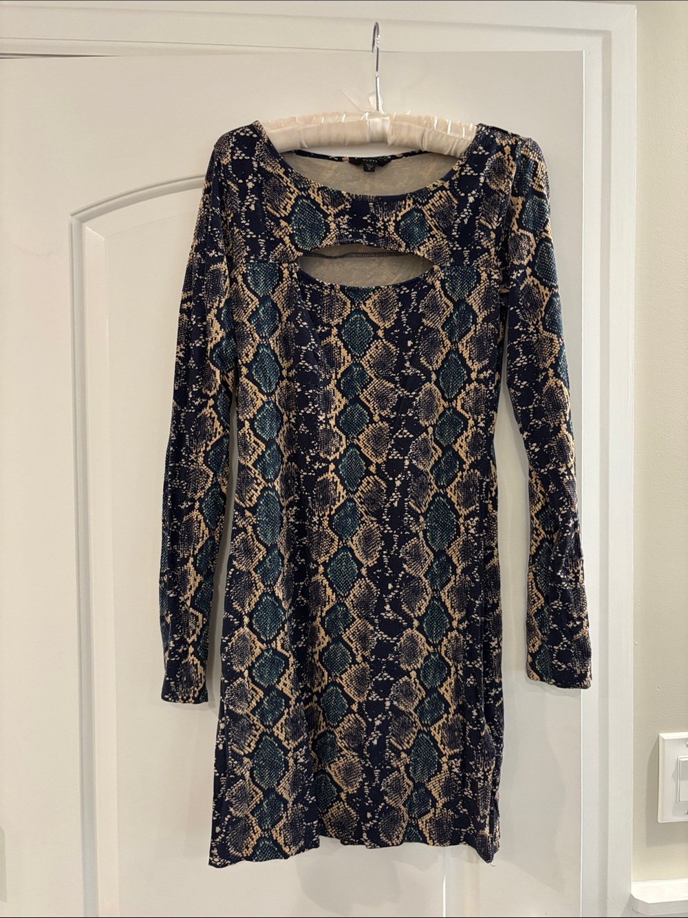 Guess Snake-Print Long Sleeve Dress in Blue and Tan